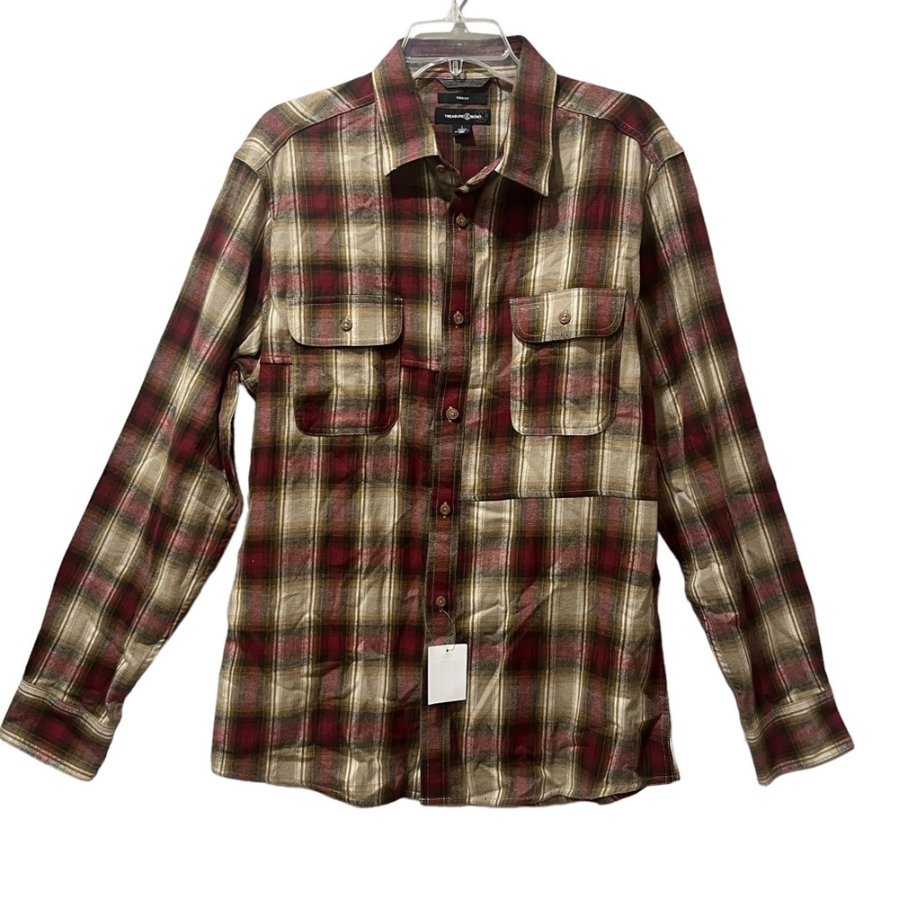 NWT Treasure & Bond Trim Fit Ombre Plaid Flannel Button Up Shirt L Burrow Robin